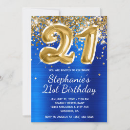 Royal Blue Guld Glitter Foil Balloon 21:a födelsed Inbjudningar