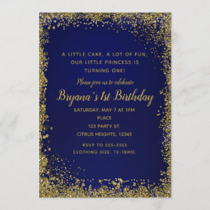Royal Blue & Guld Glitter Glam 1:a Födelsedagsfest Inbjudningar