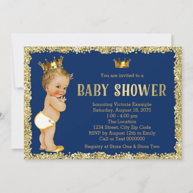 Royal Blue Guld Glitter Prince Baby Shower Inbjudningar (Framsida)
