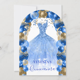 Royal Blue Guld Gnistra Dress Quinceañera Balloon Inbjudningar