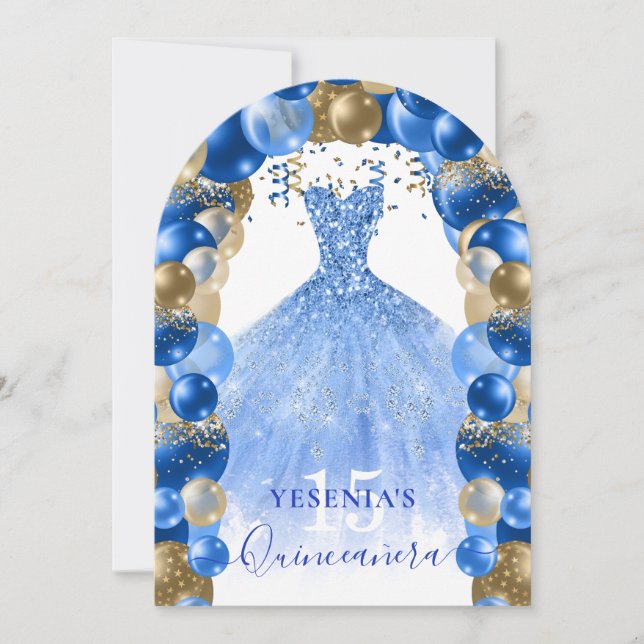 Royal Blue Guld Gnistra Dress Quinceañera Balloon Inbjudningar (Framsida)