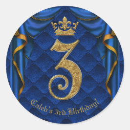 Royal Blue & Guld Krona 3 3:e Födelsedagsfest Runt Klistermärke