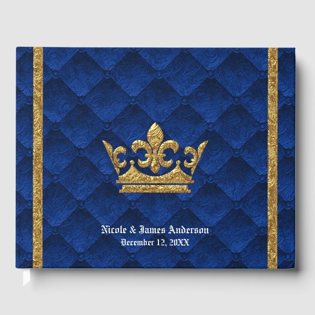 Royal Blue & Guld Krona Elegant Glamor Bröllop Gästböcker (Framsida)