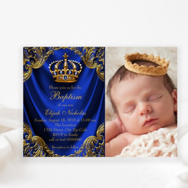 Royal Blue Guld Krona Little Prince Baptism Inbjudningar (Skapare uppladdad)