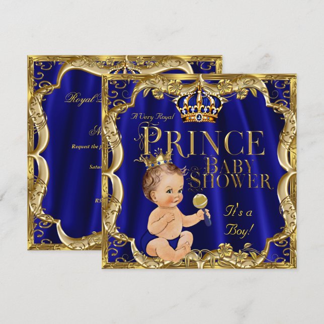 Royal Blue Guld Krona Prince Baby Shower Brunette Inbjudningar (Fram/baksida)