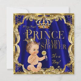 Royal Blue Guld Krona Prince Baby Shower Brunette Inbjudningar