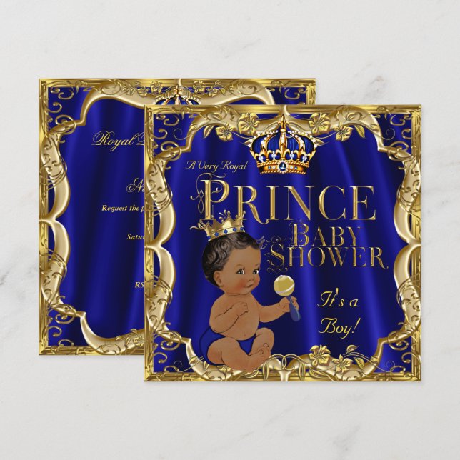Royal Blue Guld Krona Prince Baby Shower Ethnic Inbjudningar (Fram/baksida)