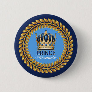 Royal Blue Guld Krona Prince Baby Shower/födelseda Knapp