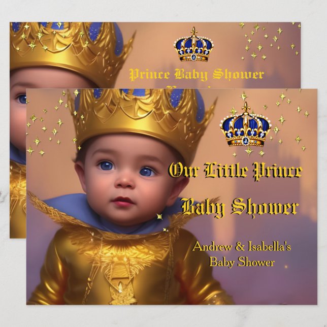 Royal Blue Guld Krona Prince Baby Shower Inbjudningar (Fram/baksida)