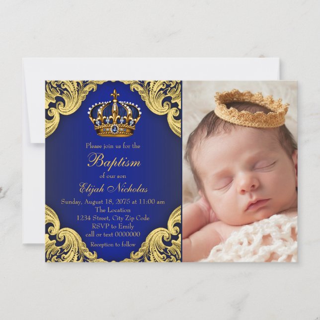 Royal Blue Guld Krona Prince Baptism Inbjudningar (Framsida)