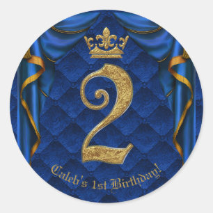 Royal Blue & Guld Krona Två 2 2ND Födelsedagsfest  Runt Klistermärke