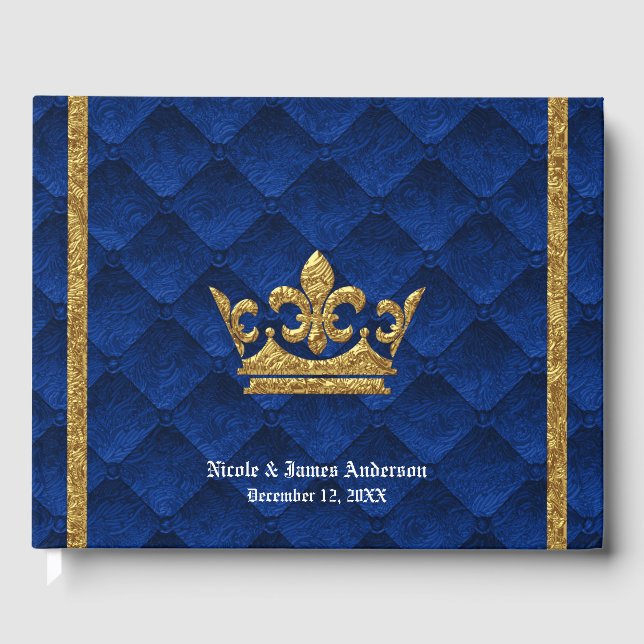 Royal Blue & Guld Kronans Eleganta Glamour Bröllop Gästböcker (Framsida)