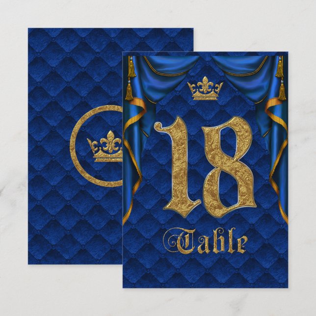 Royal Blue Guld Kronbröllop Bordskort Nummer 18 (Fram/baksida)