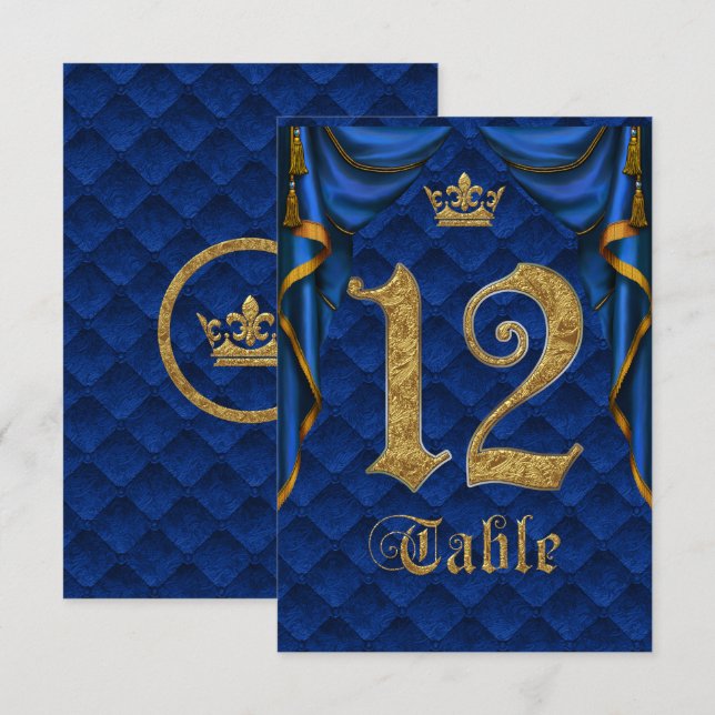 Royal Blue Guld Kronbröllops Bordnummer 12 Inbjudningar (Fram/baksida)