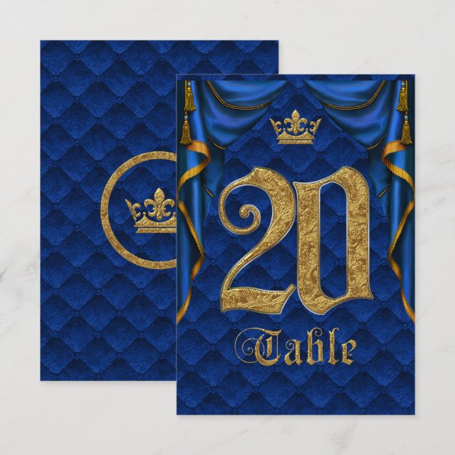 Royal Blue Guld Kronbröllops Bordnummer 20 Inbjudningar (Fram/baksida)