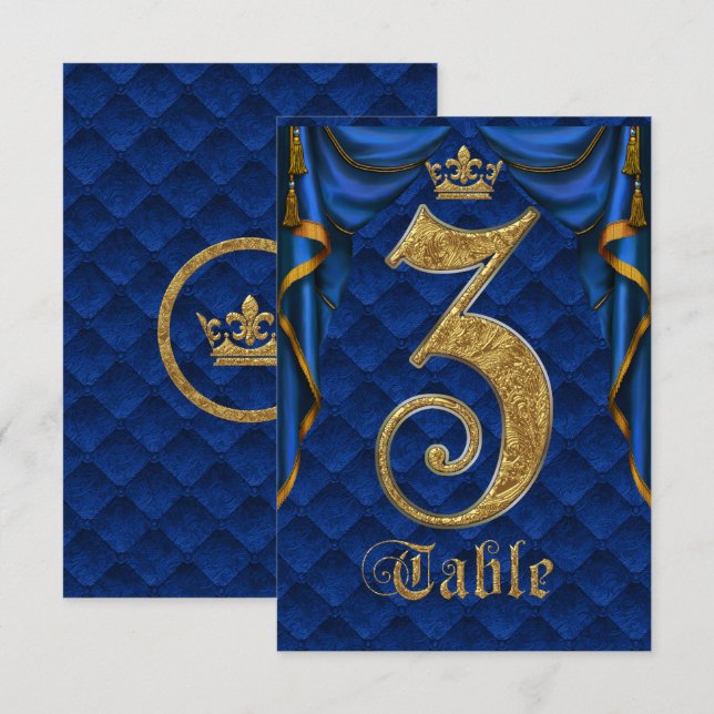 Royal Blue Guld Kronbröllops Bordnummer 3 Inbjudningar (Fram/baksida)