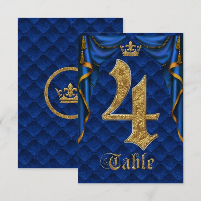 Royal Blue Guld Kronbröllops Bordnummer 4 Inbjudningar (Fram/baksida)