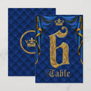 Royal Blue Guld Kronbröllops Bordnummer 6 Inbjudningar