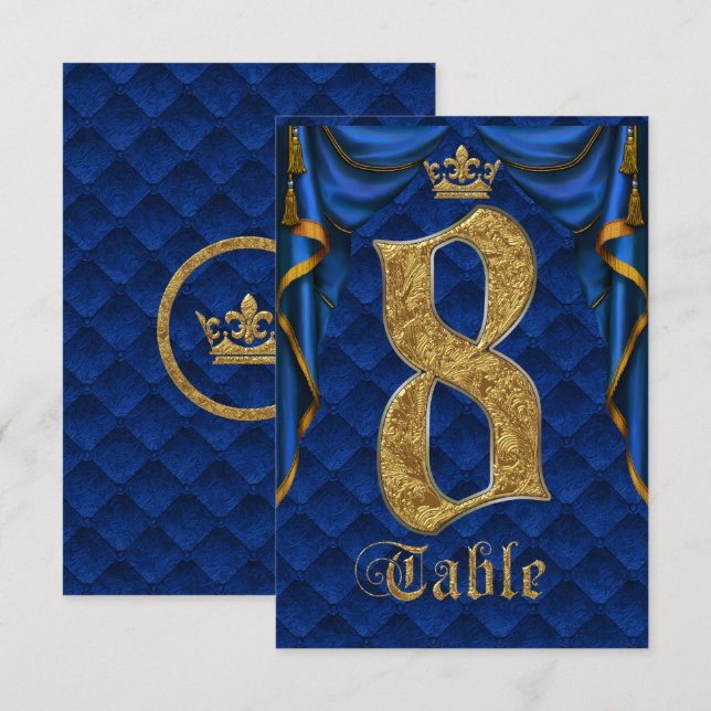 Royal Blue Guld Kronbröllops Bordnummer 8 Inbjudningar (Fram/baksida)