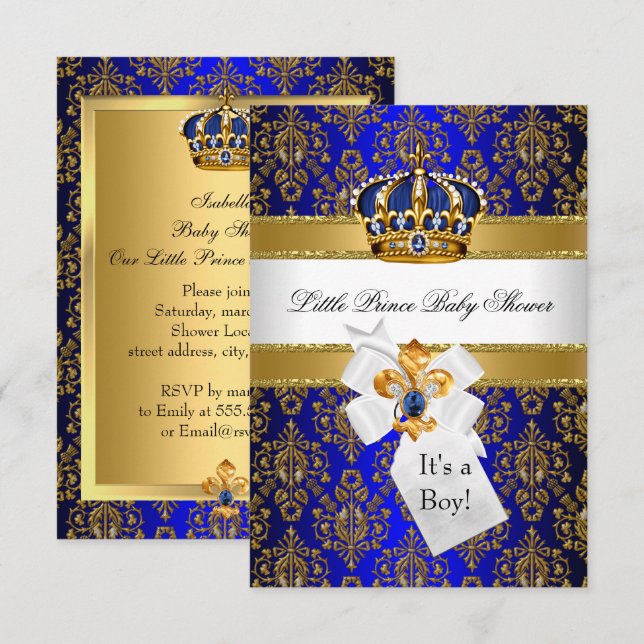 Royal Blue Guld Little Prince Krona Baby Shower Inbjudningar (Fram/baksida)