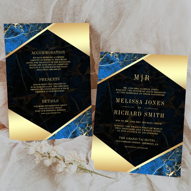 Royal Blue Guld Marmor Monogram All in One Bröllop Inbjudningar (Skapare uppladdad)