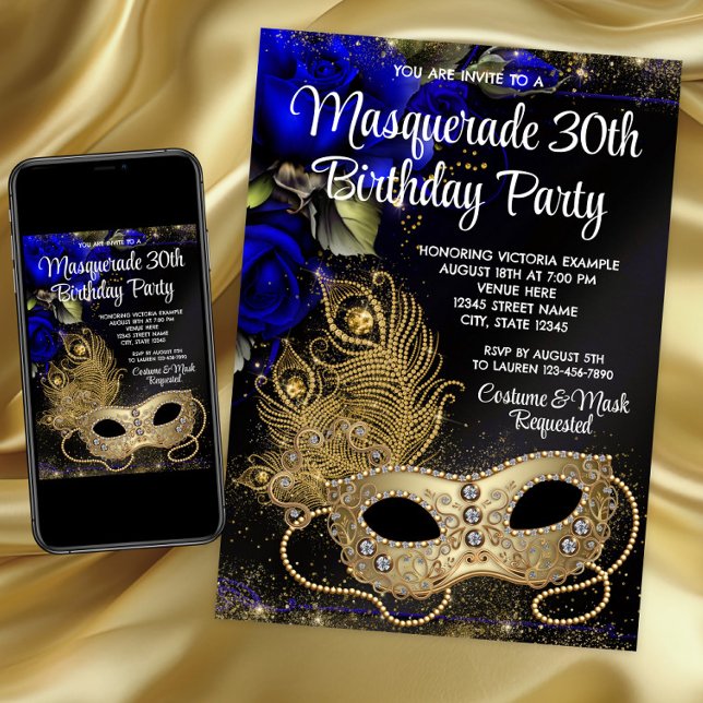 Royal Blue Guld MasqueraParty Inbjudningar (Blue and Gold Masquerade Party Invitation for any birthday and event.)