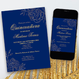 Royal Blue Guld Outline Flowers Blommigt Quinceane Inbjudningar