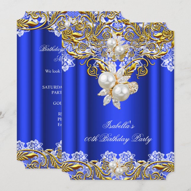 Royal Blue Guld Pärl Elegant Födelsedagsfest 2 Inbjudningar (Fram/baksida)