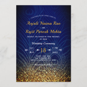 Royal Blue & Guld Peacock Feather Indian Bröllop Inbjudningar
