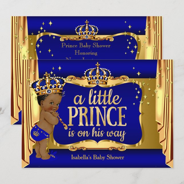 Royal Blue Guld Pojke Prins Bebis Dusj Etnisk Inbjudningar (Fram/baksida)