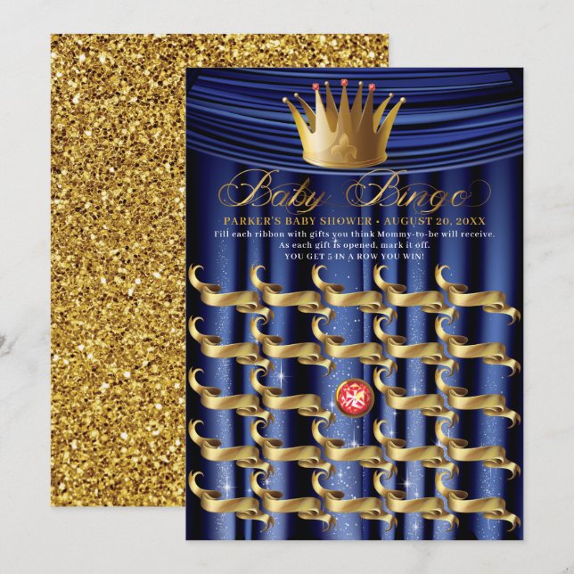 Royal Blue Guld Prince Baby Bingo Inbjudningar (Fram/baksida)