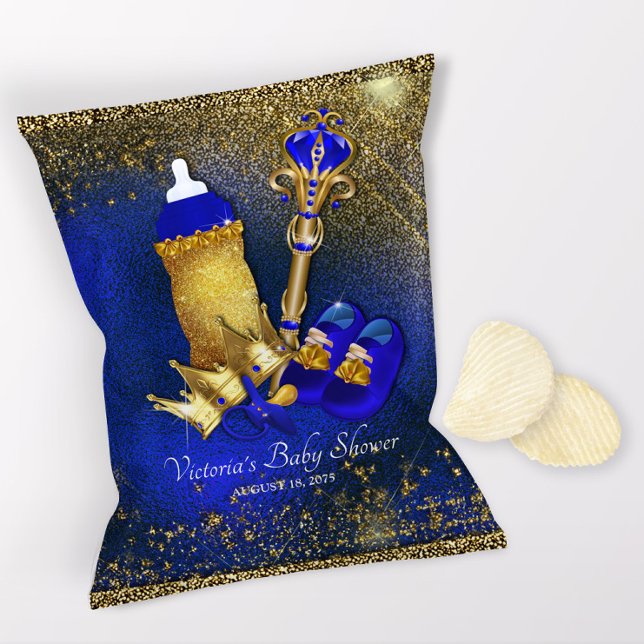 Royal Blue Guld Prince Baby Shower Chip Bag Reklamblad (1 ounce snack bag wrapper flyer. )