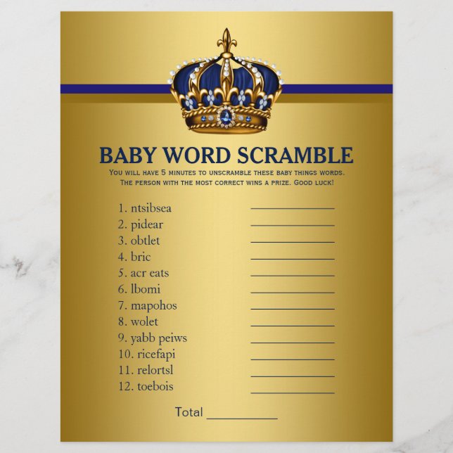 Royal Blue Guld Prince Baby Shower Games Reklamblad (Framsidan)