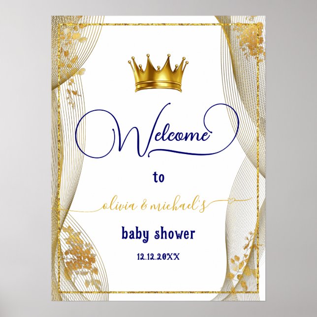 Royal Blue Guld Prince Baby Shower Välkommen Poster (Framsidan)