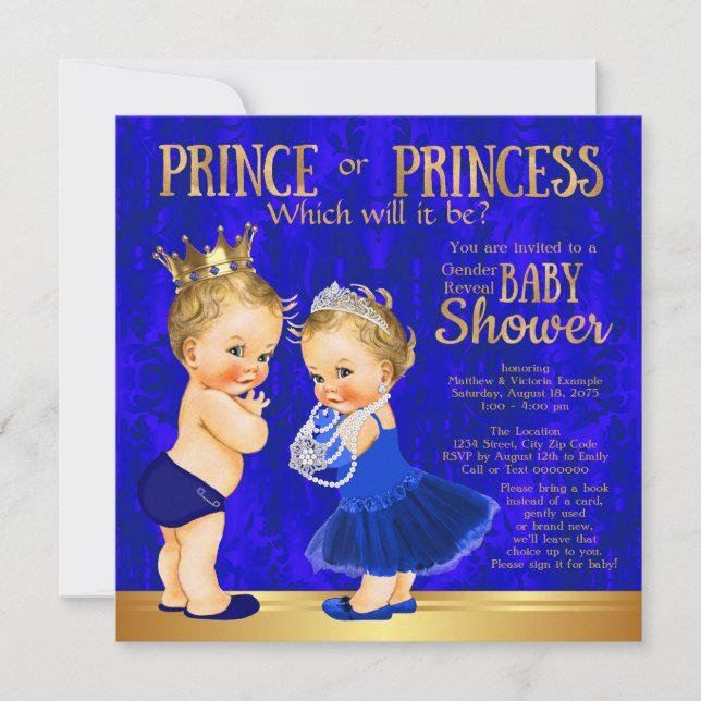 Royal Blue Guld Prince eller Princess Gender Revea Inbjudningar (Framsida)
