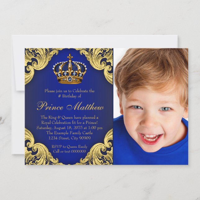 Royal Blue Guld Prince Födelsedagsfest inbjudan (Framsida)