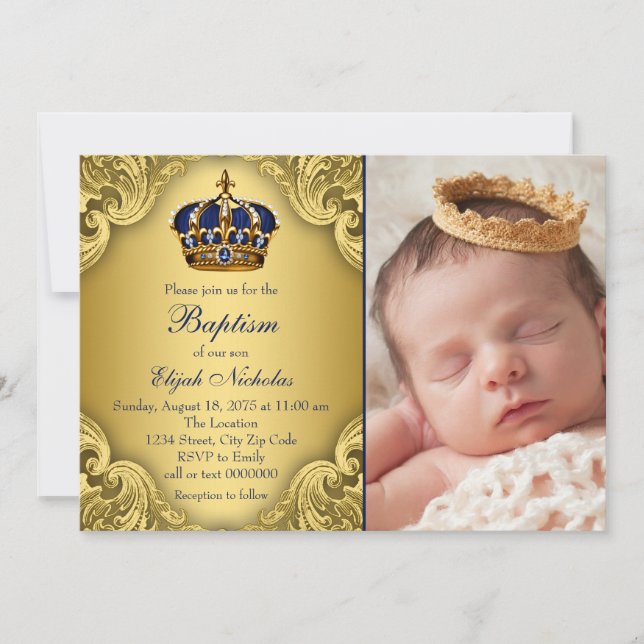 Royal Blue Guld Prince Krona Baptism Inbjudningar (Framsida)