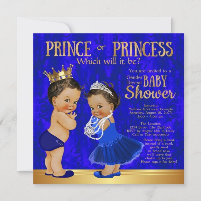 Royal Blue Guld Prince Princess Gender Reveal Inbjudningar (Framsida)