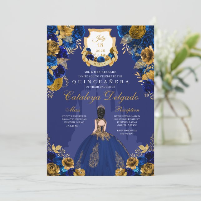 Royal Blue & Guld Princess Castle Quinceañera Inbjudningar (Stående Fram)