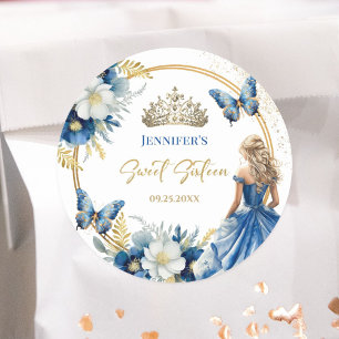 Royal Blue Guld Princess Tiara Blommigt Sweet 16 Runt Klistermärke
