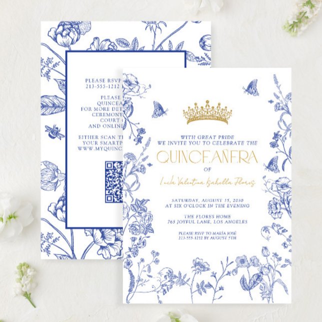 Royal Blue Guld QR Blommigt Butterfly Quinceañera Inbjudningar (Skapare uppladdad)