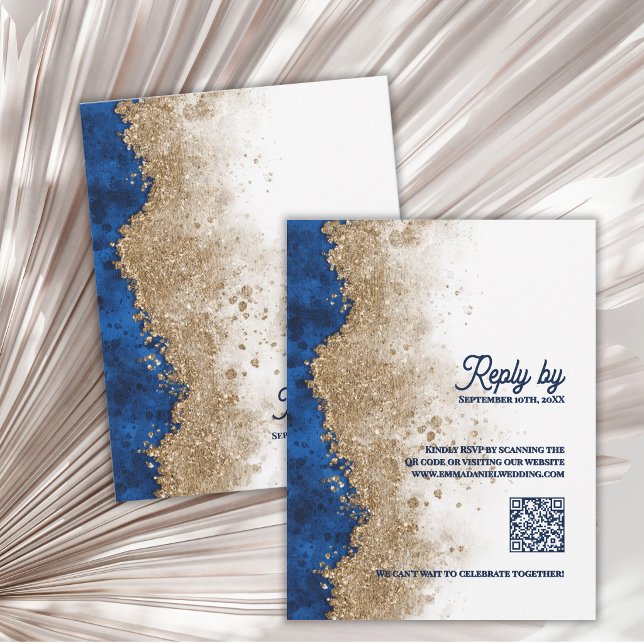 Royal Blue Guld QR-kod Lyx Bröllop Svar Genom (Royal Blue Gold QR Code RSVP Card Luxury Navy Blue Wedding RSVP with QR Code )