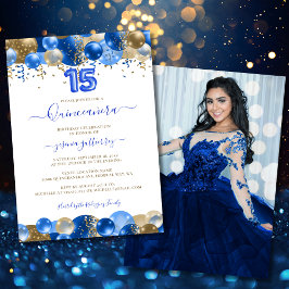 Royal Blue Guld Quinceañera Balloon Photo Inbjudningar