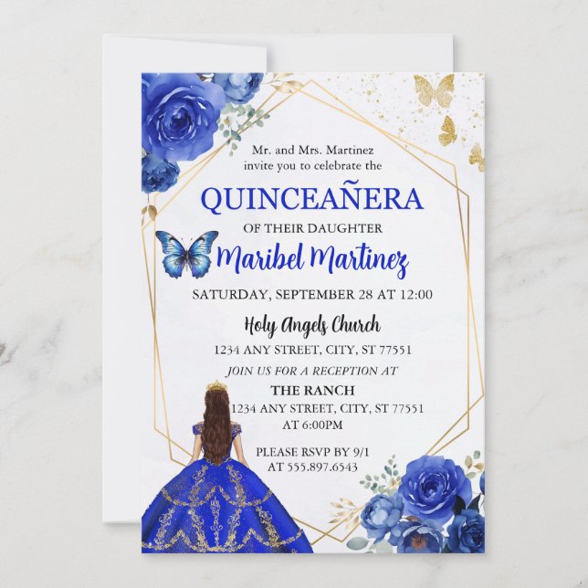 Royal Blue Guld Quinceanera Birthday-inbjudan Inbjudningar (Framsida)