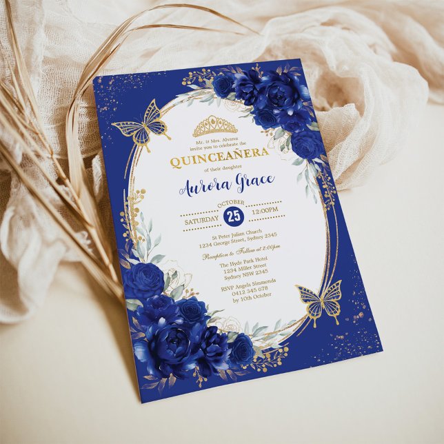 Royal Blue Guld Quinceañera Blommigt Butterfly Tia Inbjudningar (Skapare uppladdad)