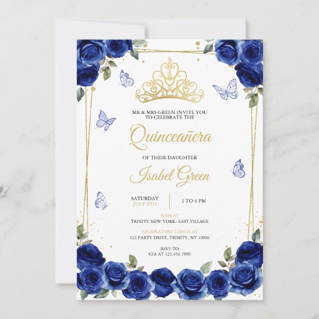Royal Blue Guld Quinceañera Inbjudningar (Framsida)