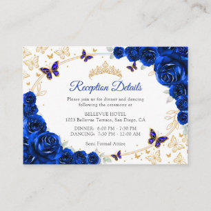 Royal Blue Guld Quinceanera Mottagningsdetaljer Tilläggskort