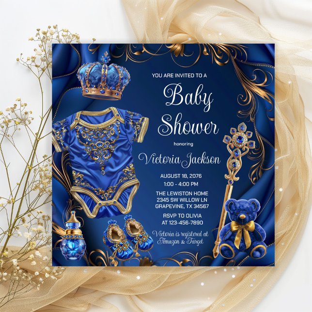 Royal Blue Guld Regal Prince Baby Shower Inbjudningar (Adorable baby prince things on an elegant royal blue and gold background. Fit for a Prince!)