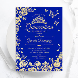 Royal Blue Guld Ro Butterflies Quinceanera Inbjudningar