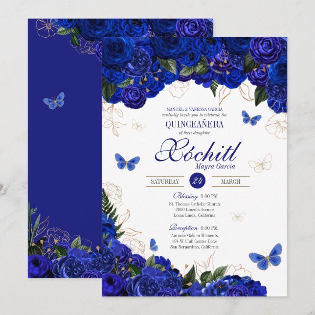 Royal Blue Guld Ro Butterfly Elegant Quinceanera Inbjudningar (Fram/baksida)